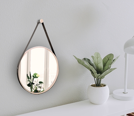 Espelho Decorativo Adnet Rosa Alça Courino Preta 40 Cm Redondo Rosa/Preto, 40 cm