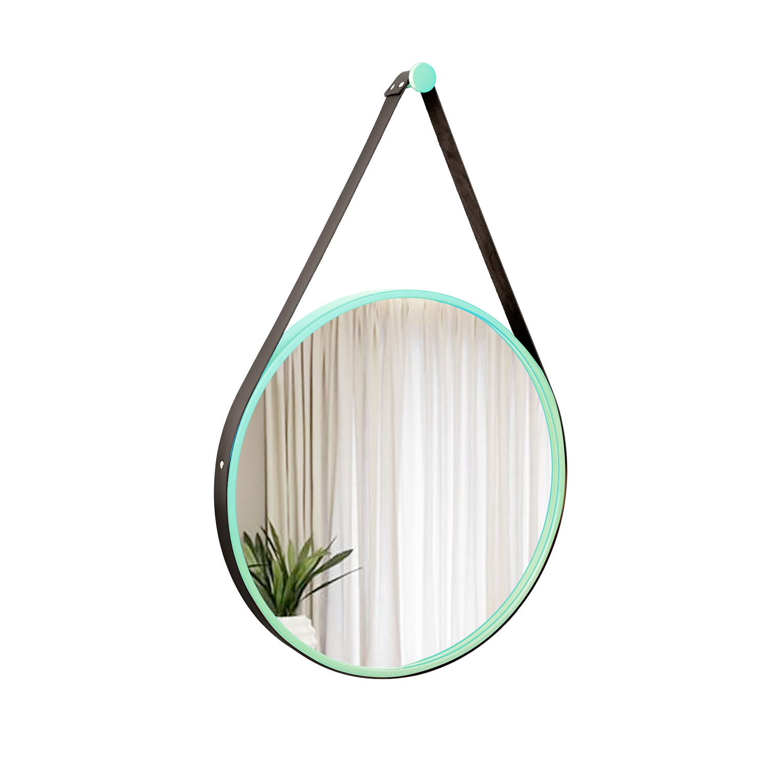 Espelho Decorativo Adnet Verde Alça Courino Preta 60 Cm Redondo Verde/Preto, 60 cm