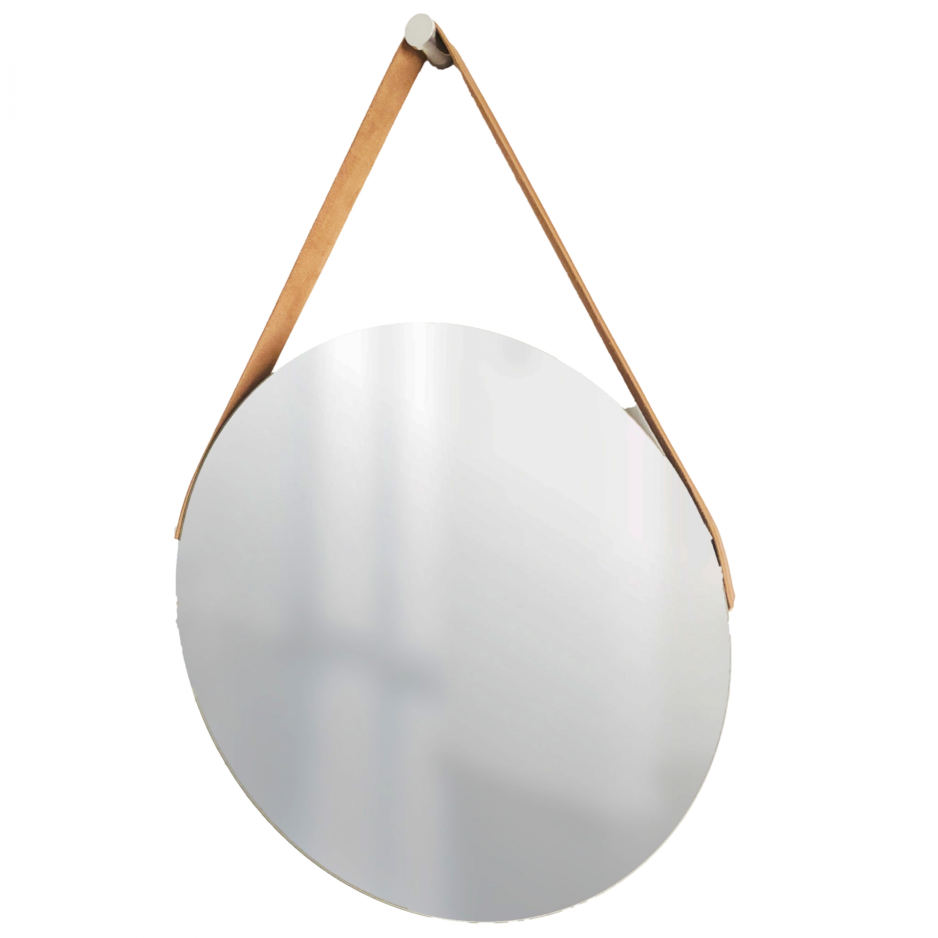 Espelho Decorativo Adnet Vintage Alça Corino Caramelo 60 Cm Redondo