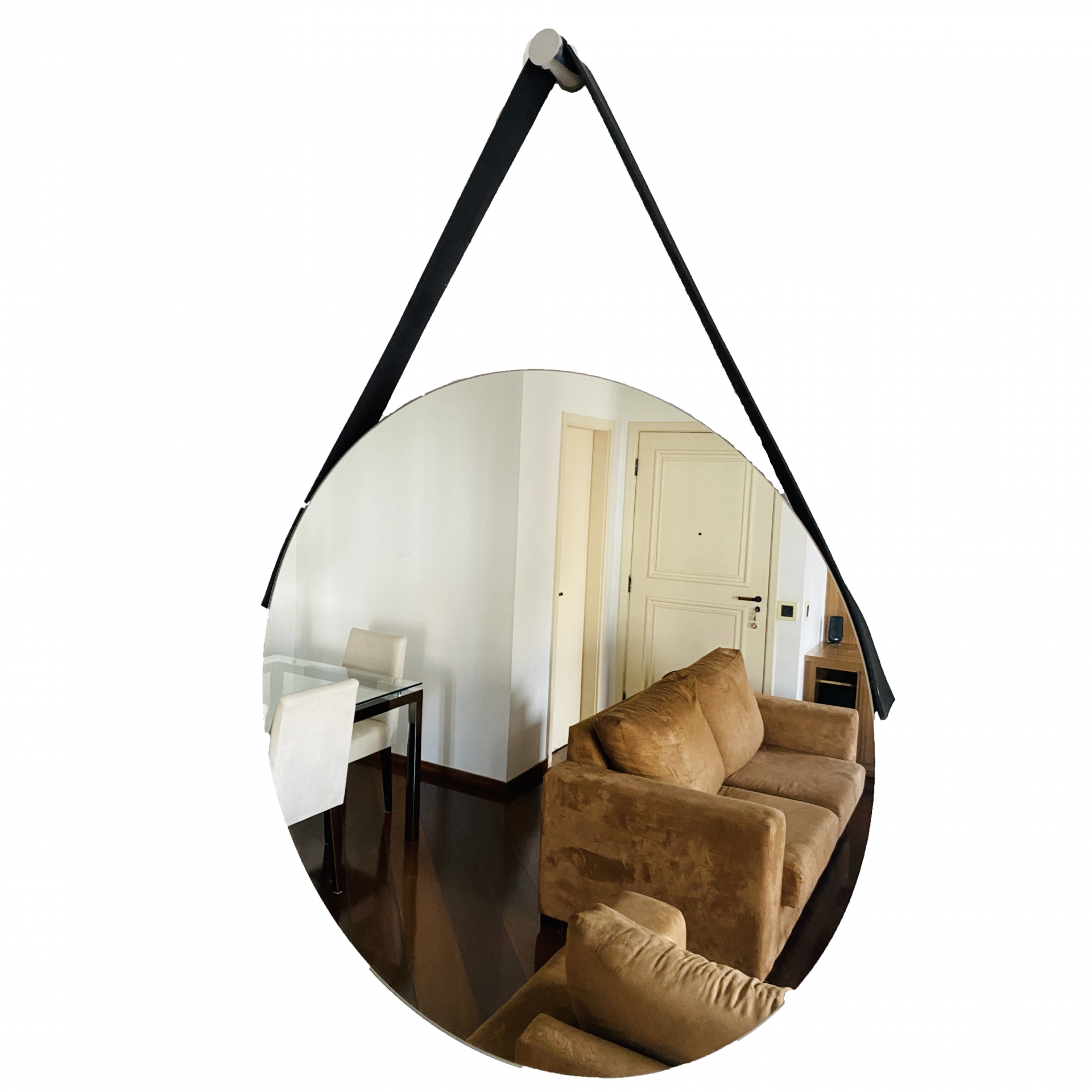 Espelho Decorativo Adnet Vintage Alça Corino Preto 40 Cm Redondo