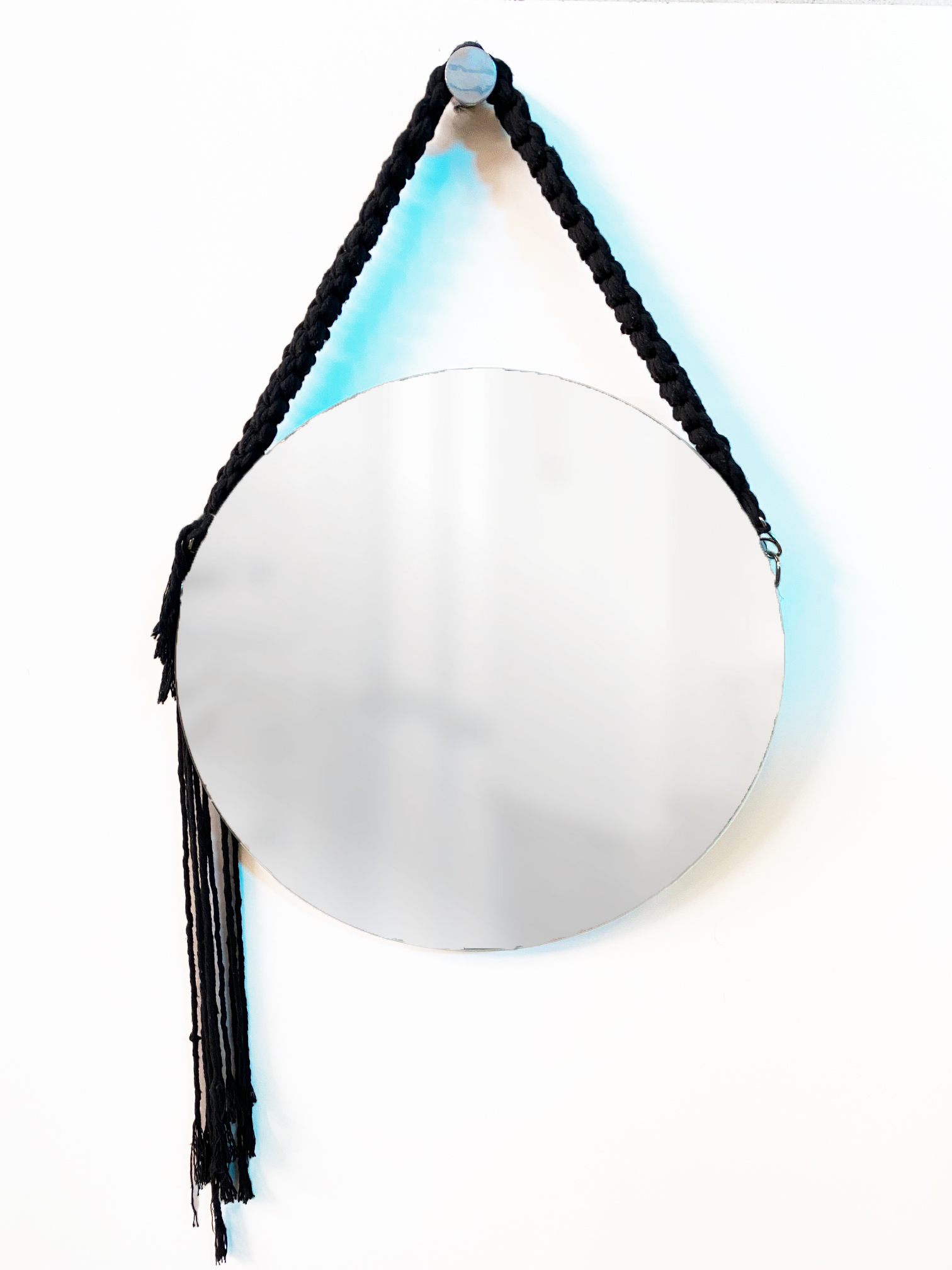 Espelho Decorativo Adnet Vintage Macramê Preto 40 Cm Redondo