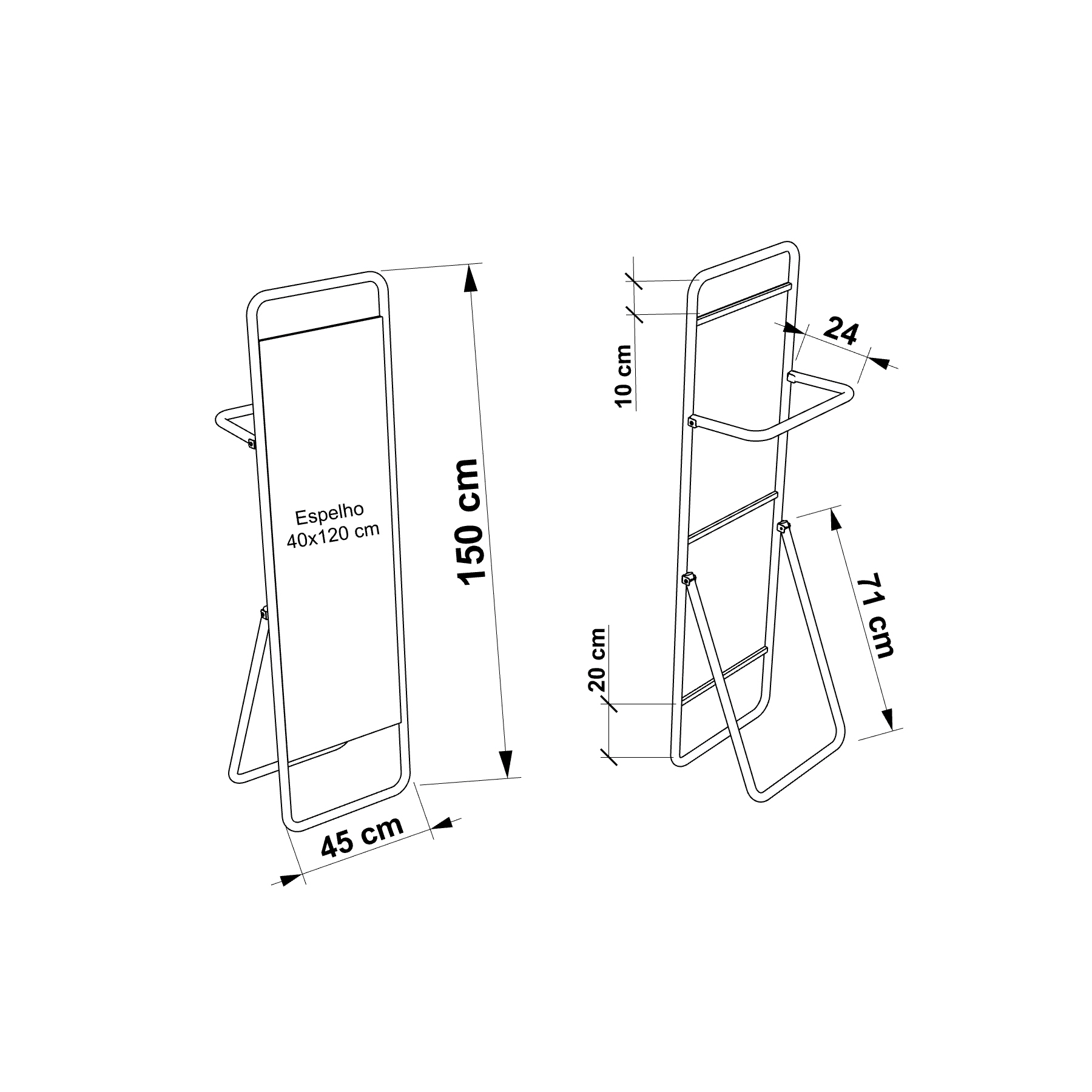 Espelho Decorativo De Chão Toalheiro Branco Off White 150x40 cm  