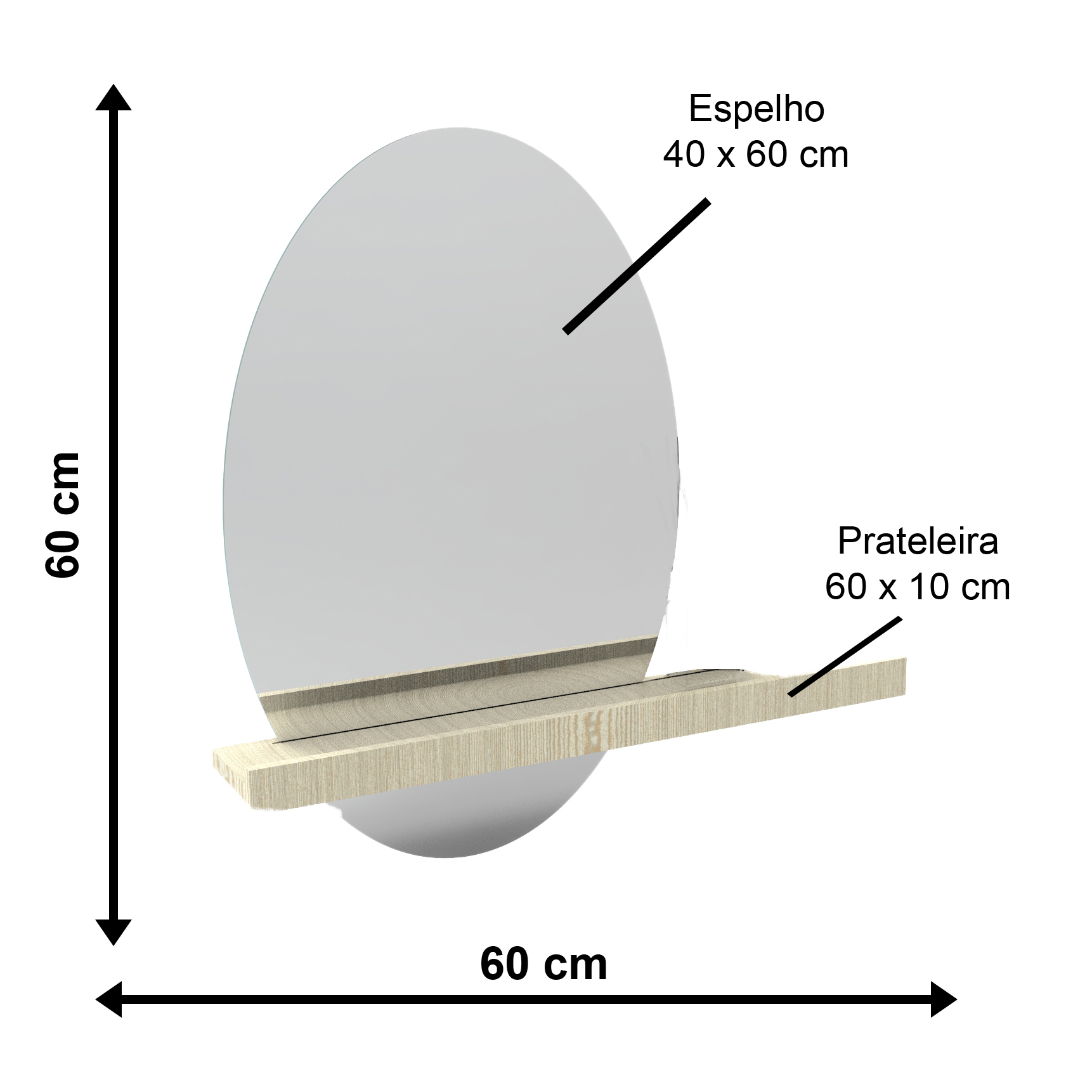 Espelho Decorativo Shelf Pinus 60x40 Oval 