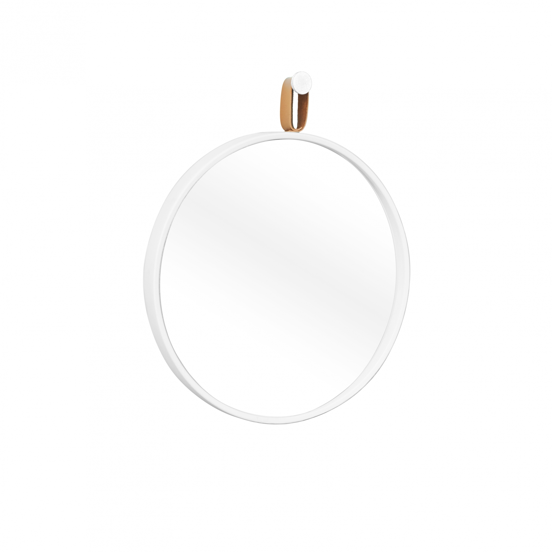 Espelho Decorativo Short Strip Branco Alça Corino Caramelo 60 cm Redondo 