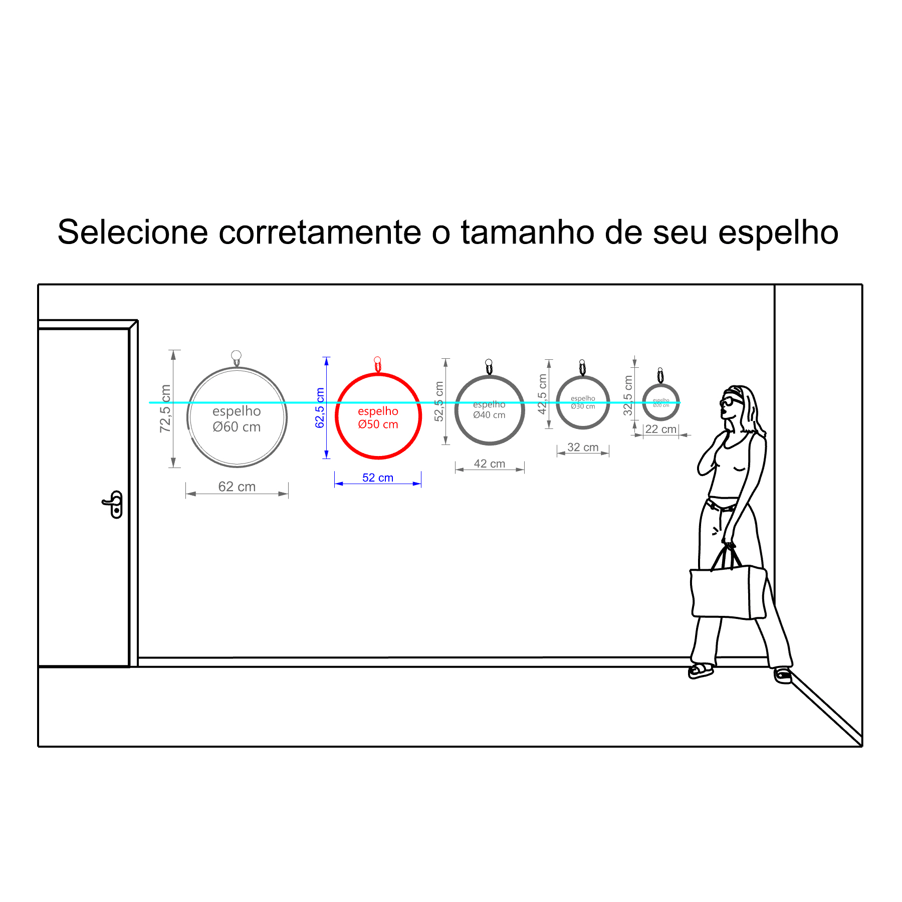 Espelho Decorativo Short Strip Branco Alça Corrente 50 Cm Redondo Branco, 50 cm
