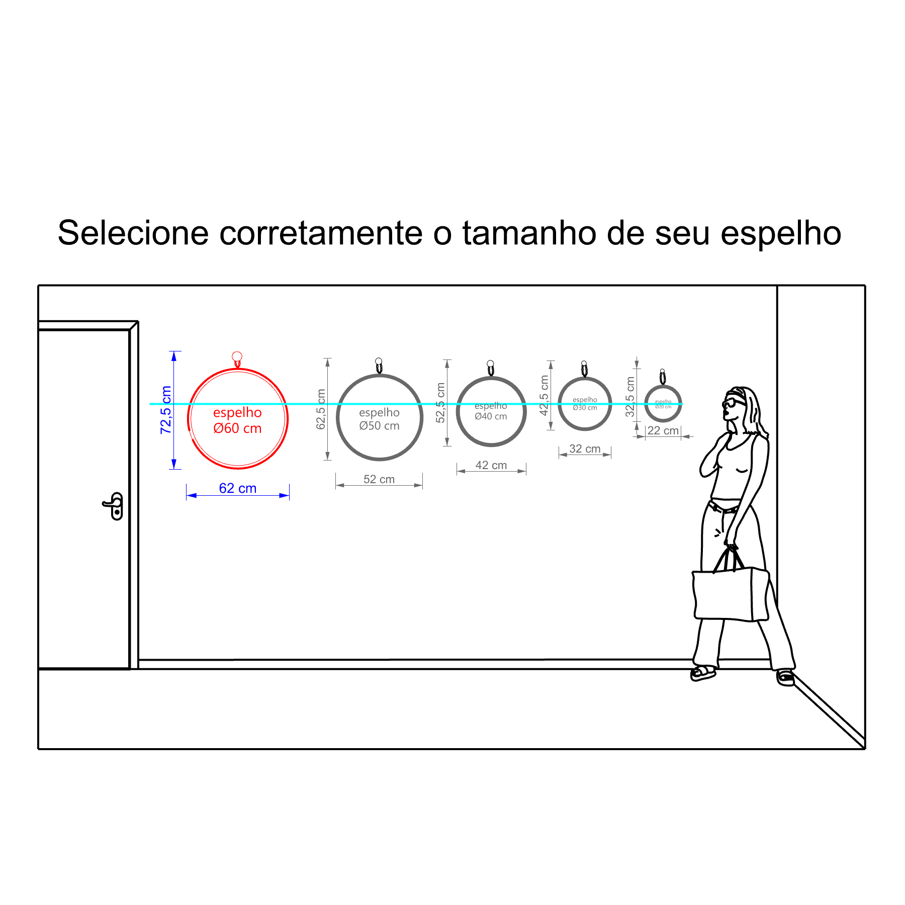 Espelho Decorativo Short Strip Branco Alça Corrente 60 Cm Redondo Branco, 60 cm