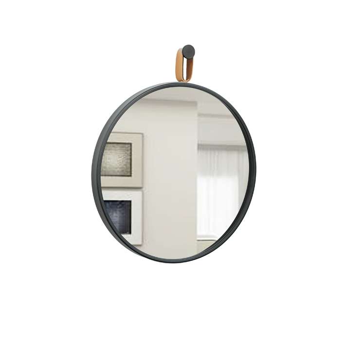 Espelho Decorativo Short Strip Preto Alça Corino Caramelo 50 cm Redondo Preto/Caramelo, 50 cm