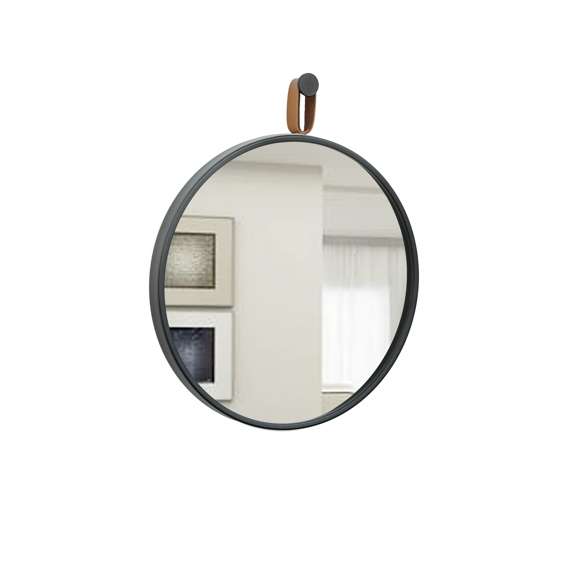 Espelho Decorativo Short Strip Preto Alça Corino Caramelo 60 cm Redondo 