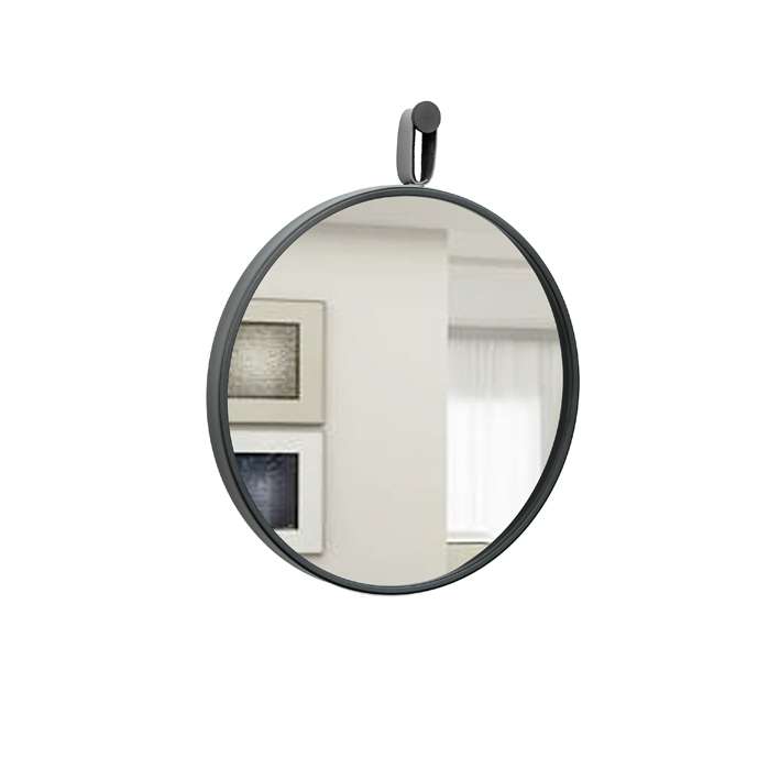 Espelho Decorativo Short Strip Preto Alça Corino Preto 50 cm Redondo Preto/Preto, 50 cm