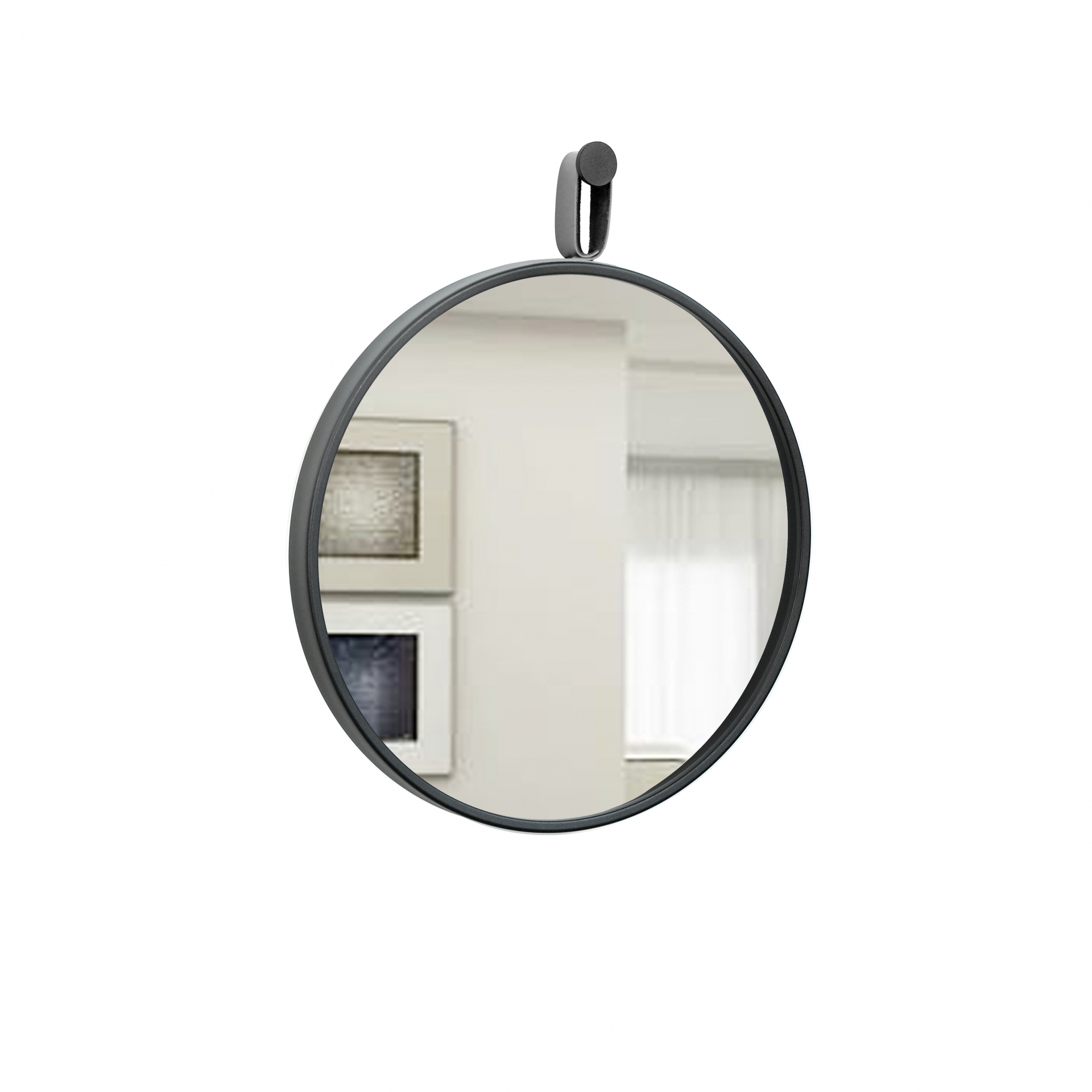 Espelho Decorativo Short Strip Preto Alça Corino Preto 60 cm Redondo 