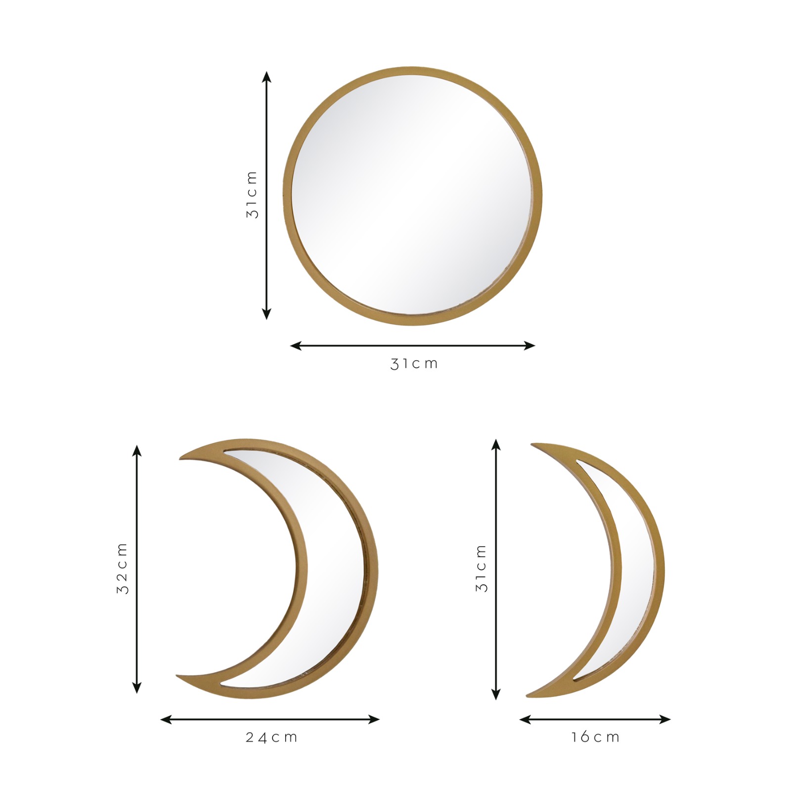 Kit Espelho Decorativo Lua Trio Dourado 24x32cm/31cm/16x31cm 