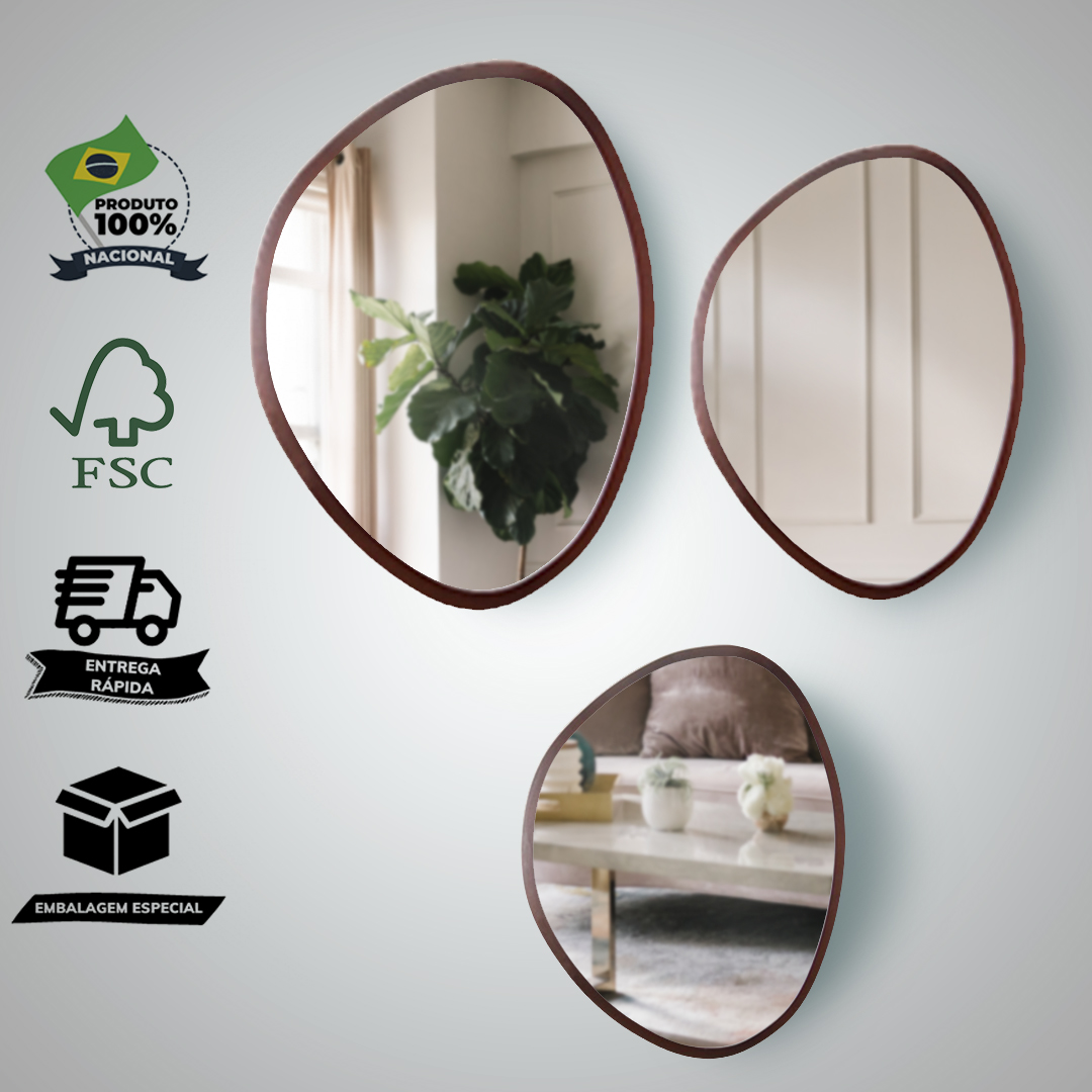 Kit Espelho Decorativo Orgânico Tabaco 35x50, 50x64 e 64x77 cm Marrom