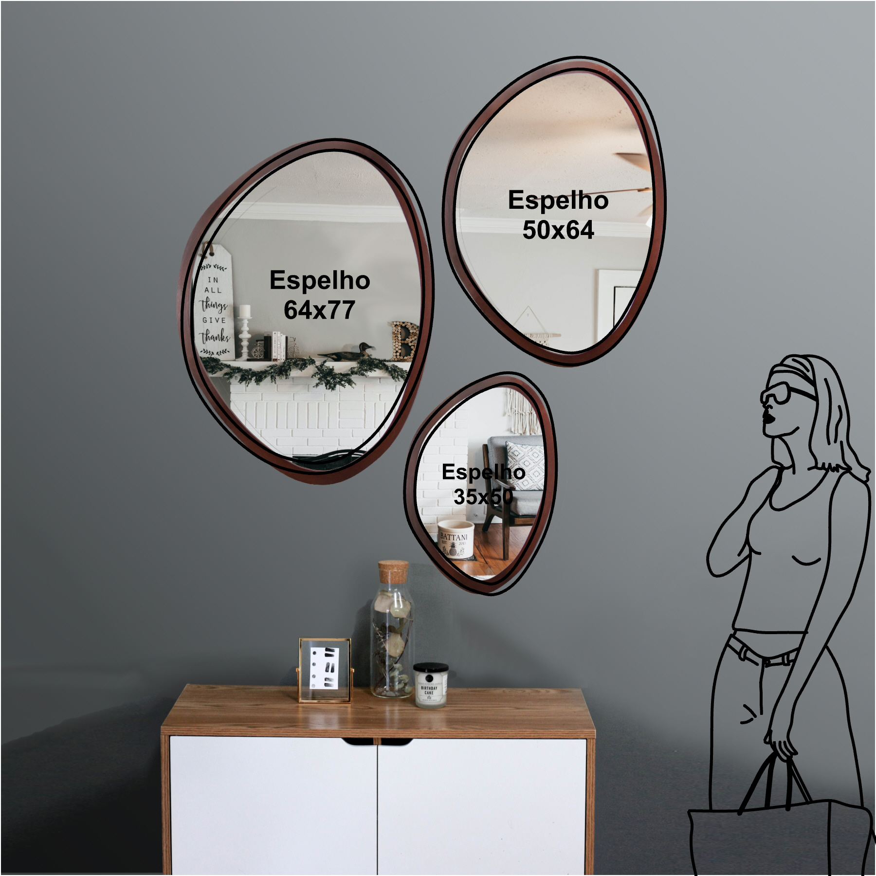 Kit Espelho Decorativo Orgânico Tabaco 35x50, 50x64 e 64x77 cm Marrom