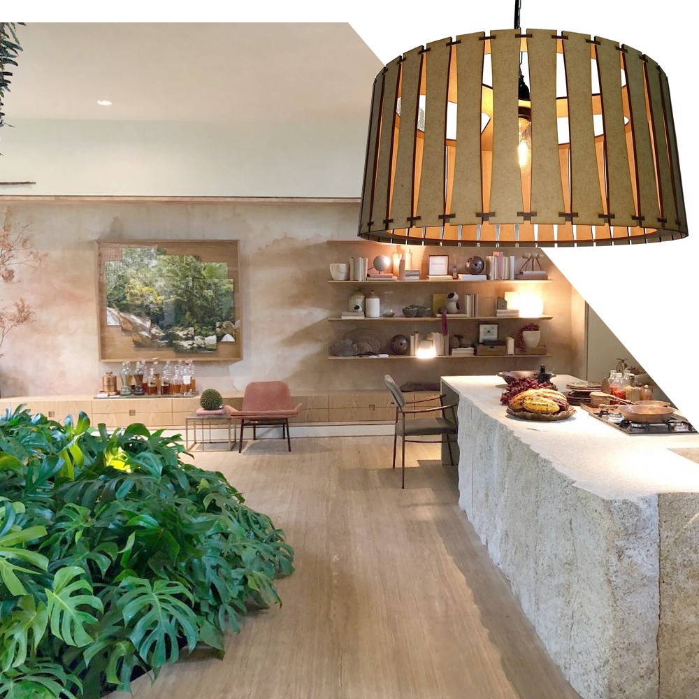 Lustre Luminária Pendente de Madeira MDF Mod. Madri Cru
