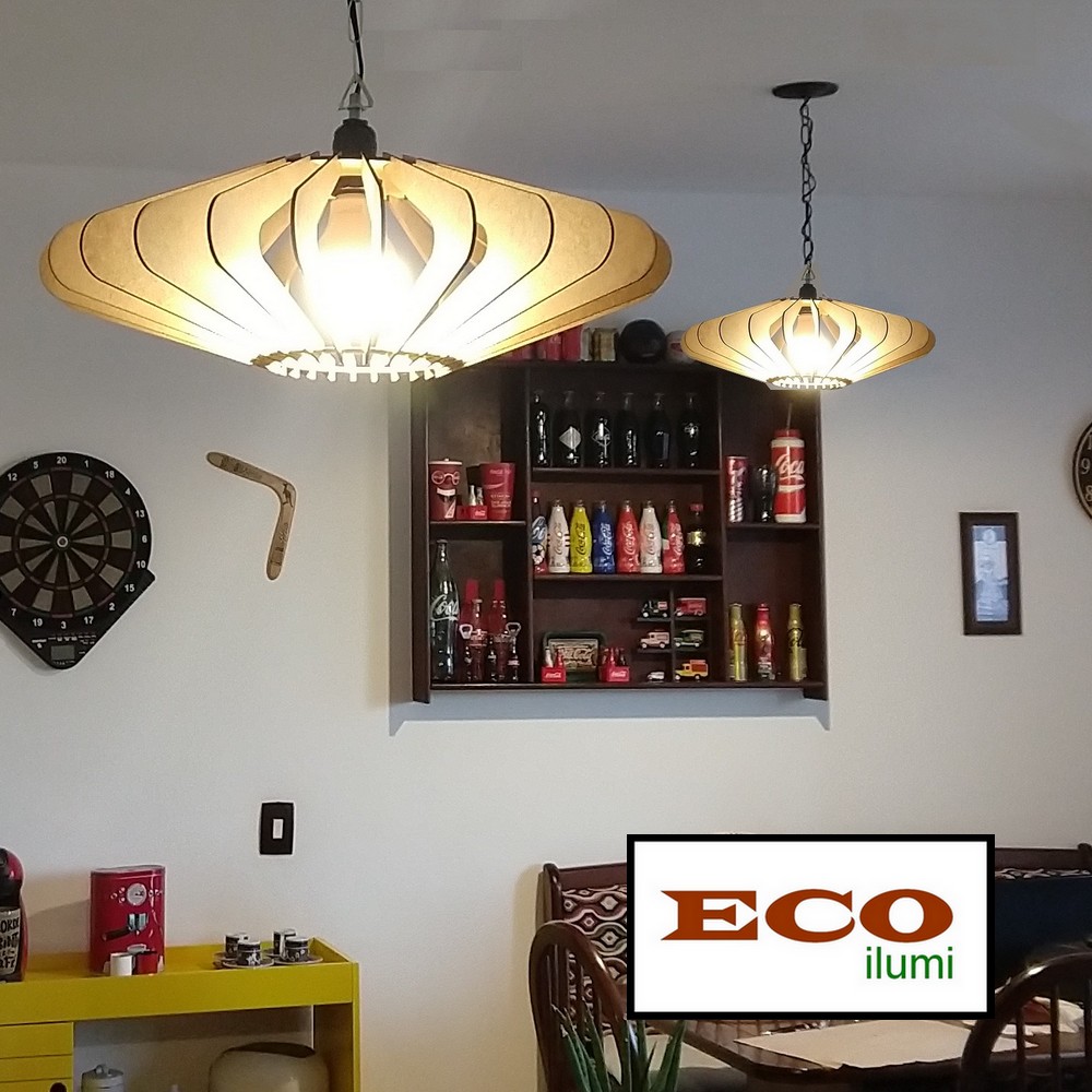 Lustre Luminária Pendente de Madeira MDF Mod. OVNI