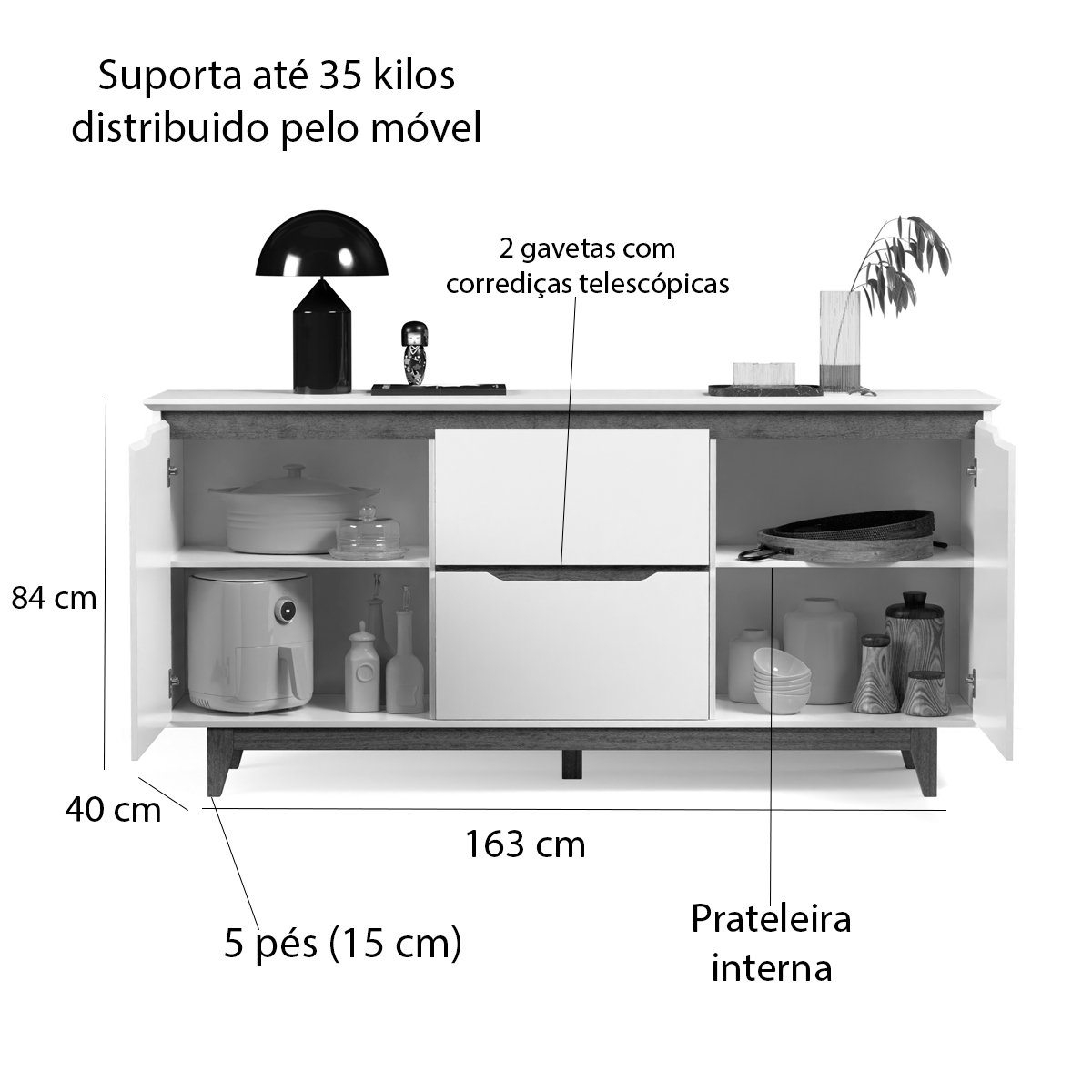 Buffet Aparador ara Sala de Jantar 2 Portas e 2 Gavetas Flop Preto