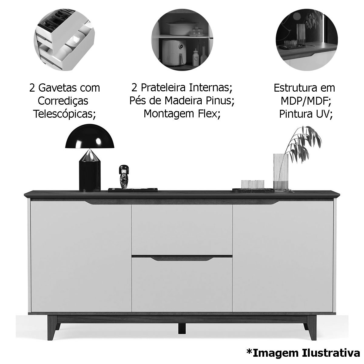 Buffet Aparador para Sala de Jantar 2 Portas 2 Gavetas Flop Preto