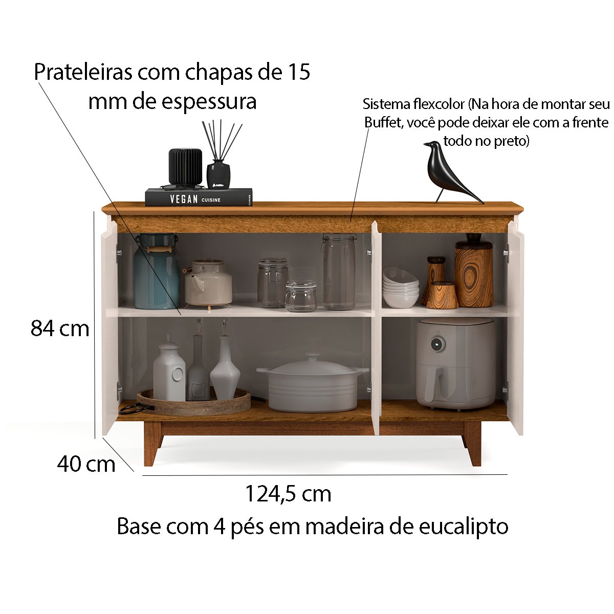 Buffet Aparador para Sala de Jantar 3 Portas Flop Off White/Freijó