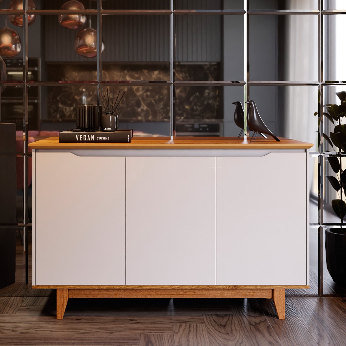 Buffet Aparador para Sala de Jantar 3 Portas Flop Off White/Freijó