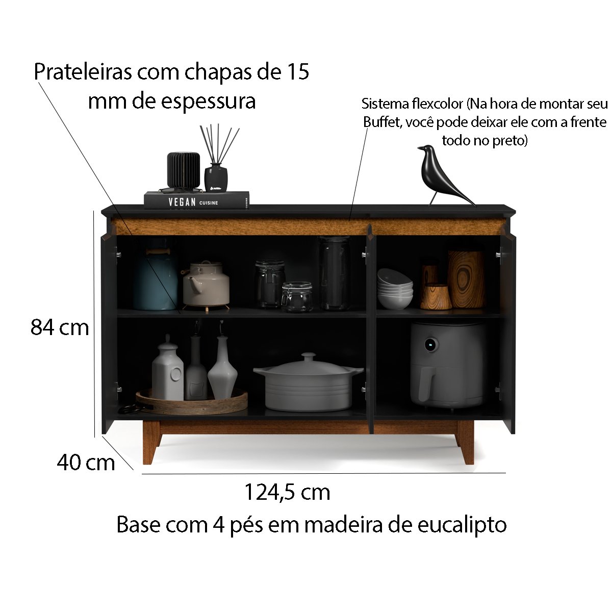 Buffet Aparador para Sala de Jantar 3 Portas Flop Preto