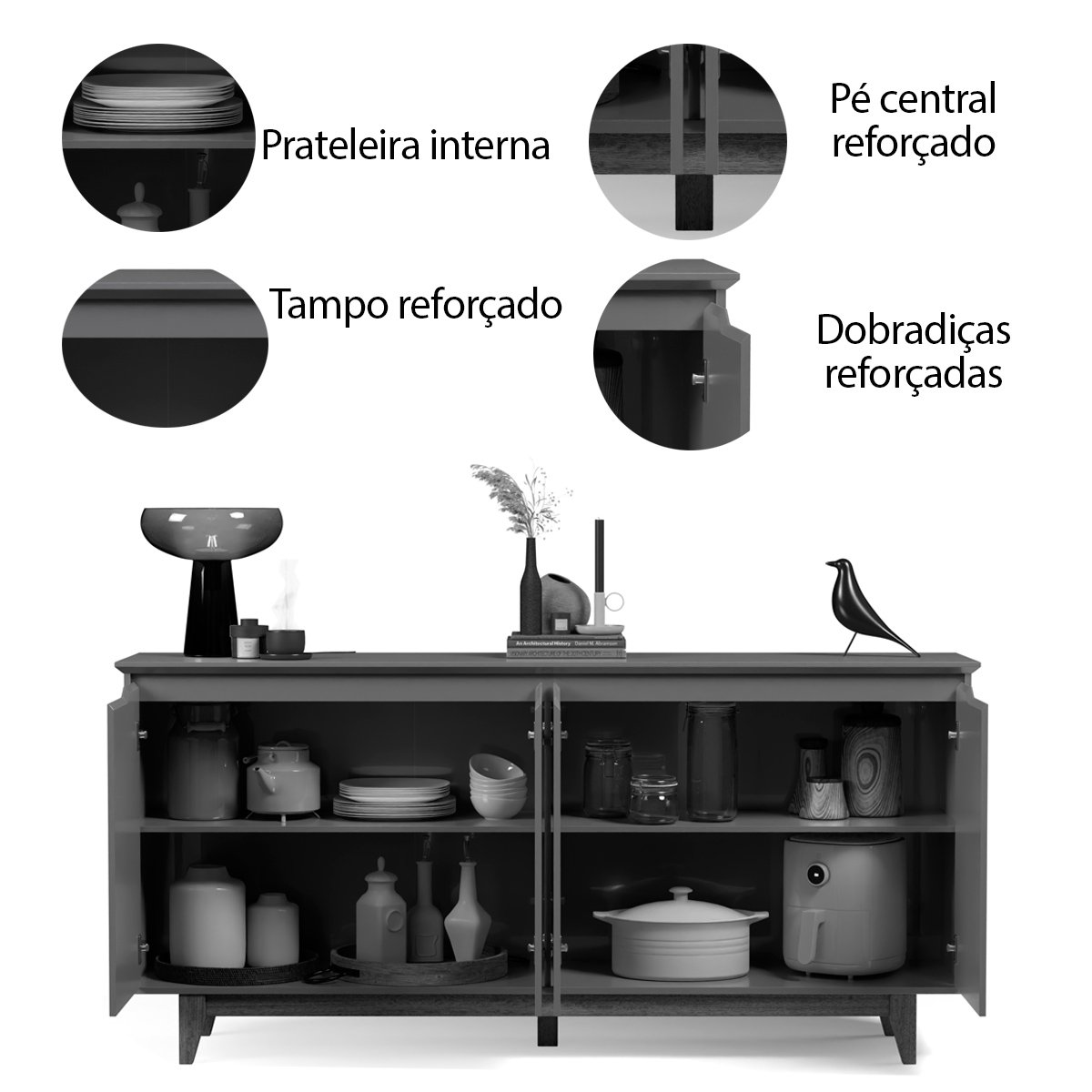 Buffet Aparador para Sala de Jantar 4 Portas Flop  Cinza