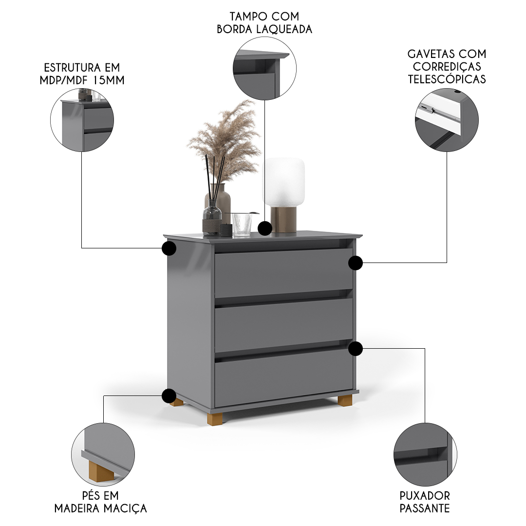 Cômoda para Quarto 3 Gavetas 68cm EJ Cinza - EJ Móveis