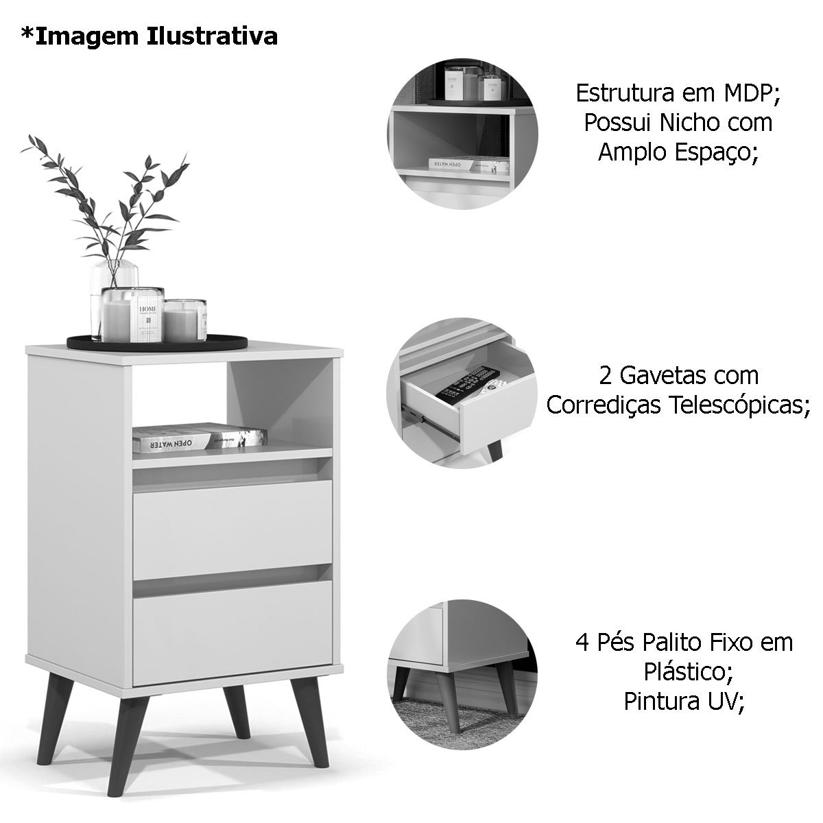 Mesa de Cabeceira 2 Gavetas com Nicho Aroma Branco