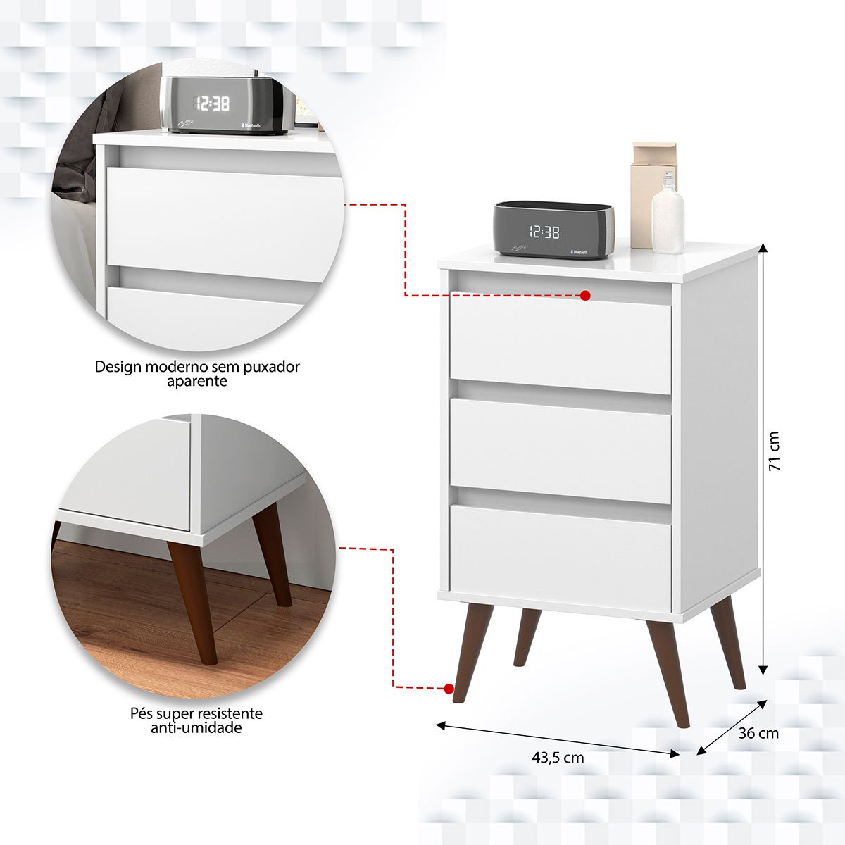 Mesa de Cabeceira 3 Gavetas com Pés Palito Woon Branco
