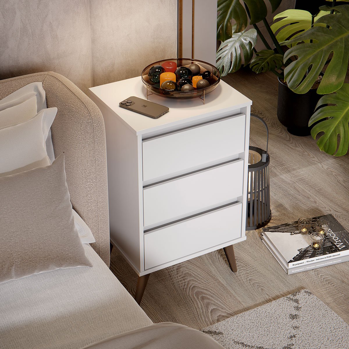 Mesa de Cabeceira 3 Gavetas com Pés Palito Woon Branco