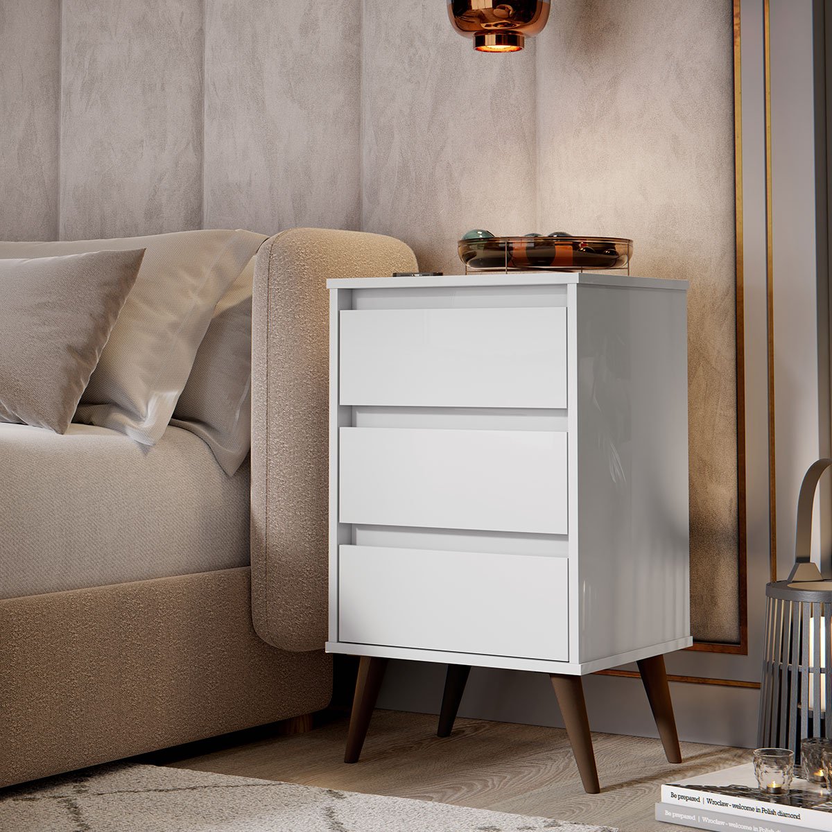 Mesa de Cabeceira 3 Gavetas com Pés Palito Woon Branco