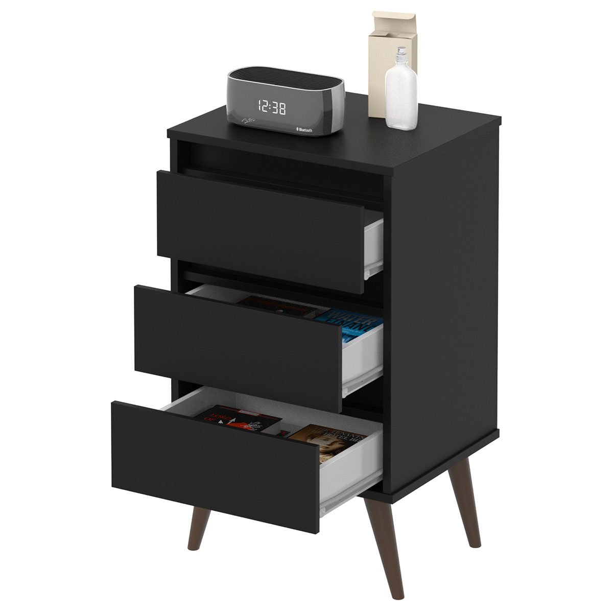 Mesa de Cabeceira 3 Gavetas com Pés Palito Woon Preto