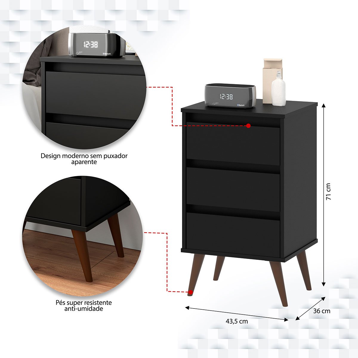 Mesa de Cabeceira 3 Gavetas com Pés Palito Woon Preto