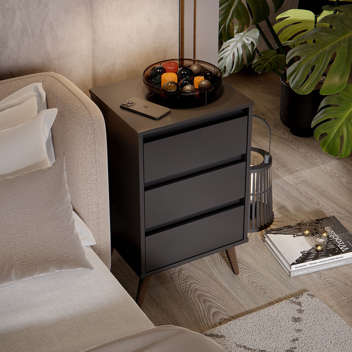 Mesa de Cabeceira 3 Gavetas com Pés Palito Woon Preto