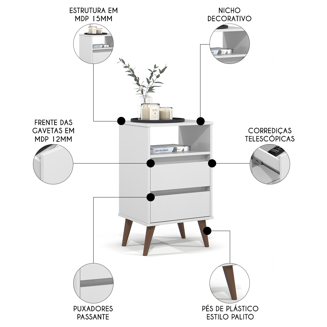 Mesa de Cabeceira Pés Retrô 2 Gavetas 43cm Roma Branco - EJ Móveis