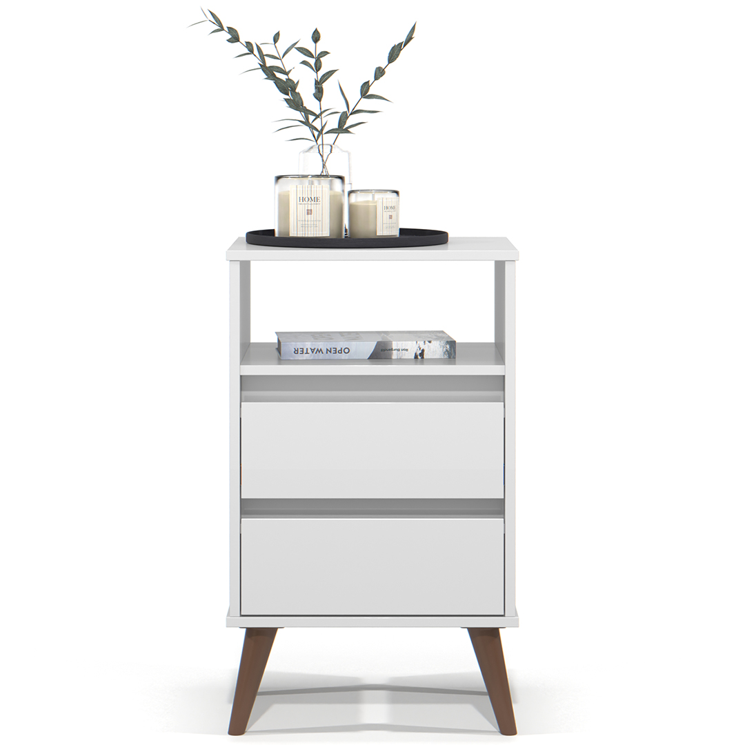 Mesa de Cabeceira Pés Retrô 2 Gavetas 43cm Roma Branco - EJ Móveis
