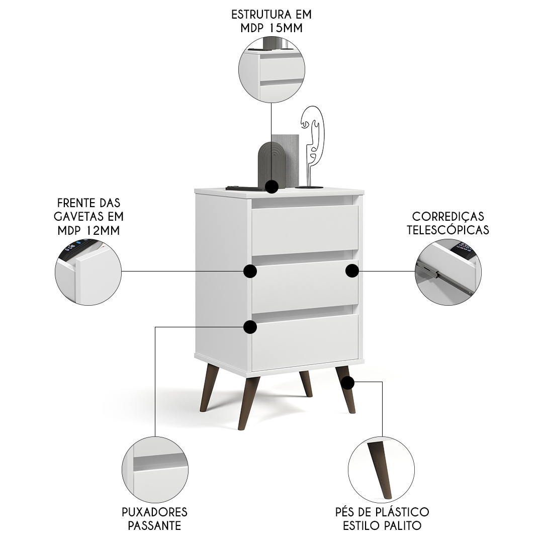 Mesa de Cabeceira Pés Retrô 3 Gavetas 43cm Wood Branco - EJ Móveis
