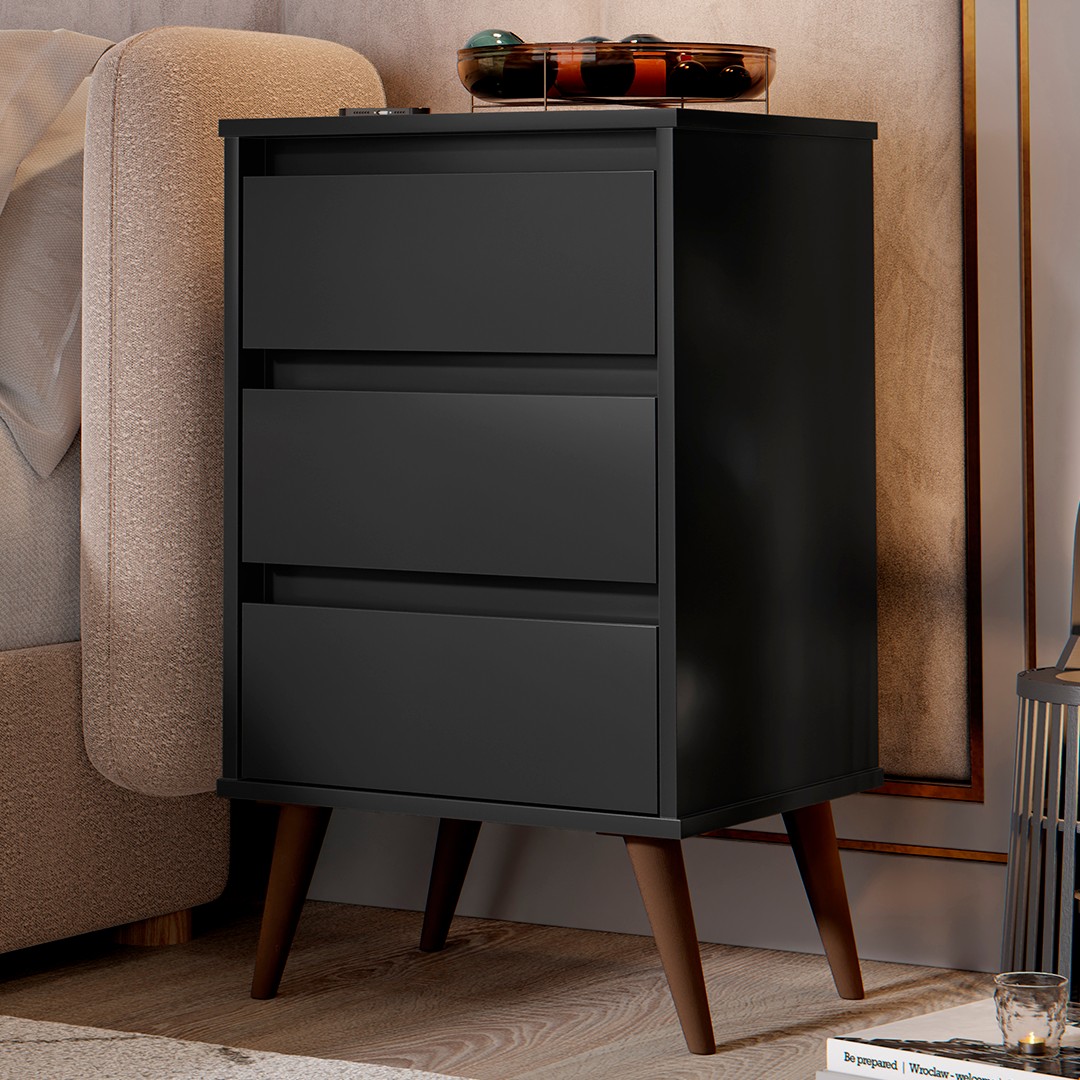 Mesa de Cabeceira Pés Retrô 3 Gavetas 43cm Wood Preto - EJ Móveis