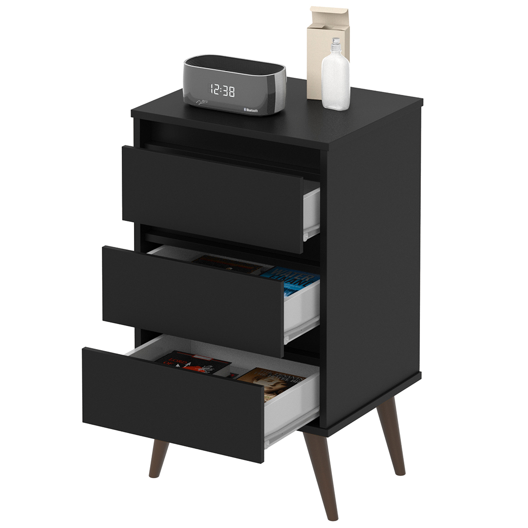 Mesa de Cabeceira Pés Retrô 3 Gavetas 43cm Wood Preto - EJ Móveis