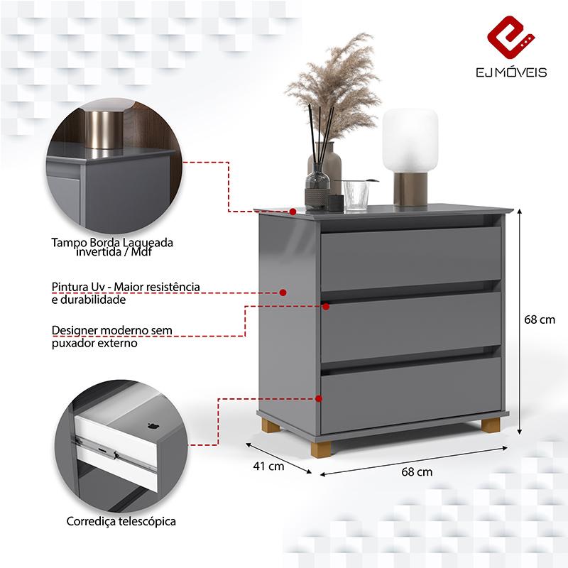 Mesa de Cabeceira Quarto Mini Cômoda EJ com 3 Gavetas Cinza