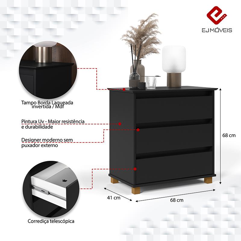 Mesa de Cabeceira Quarto Mini Cômoda EJ com 3 Gavetas Preto