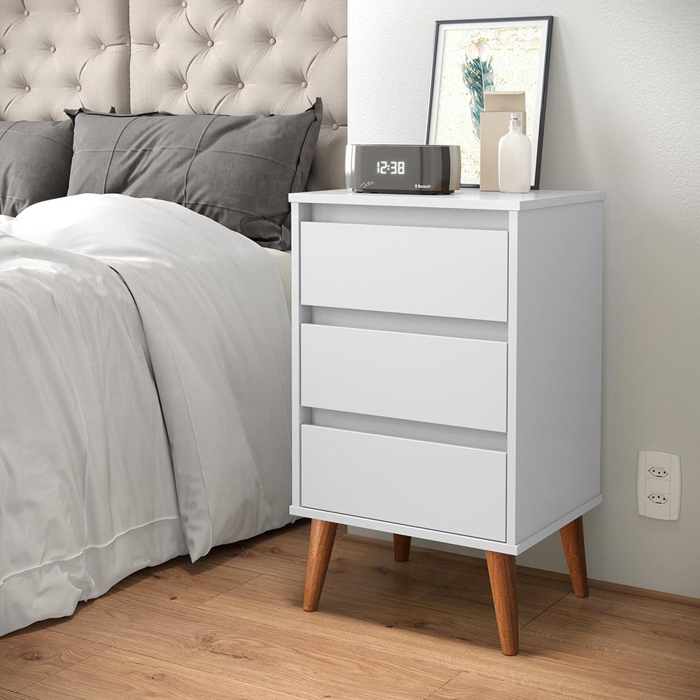 Mesa de Cabeceira Quarto Retro Wood 3 Gavetas Branco
