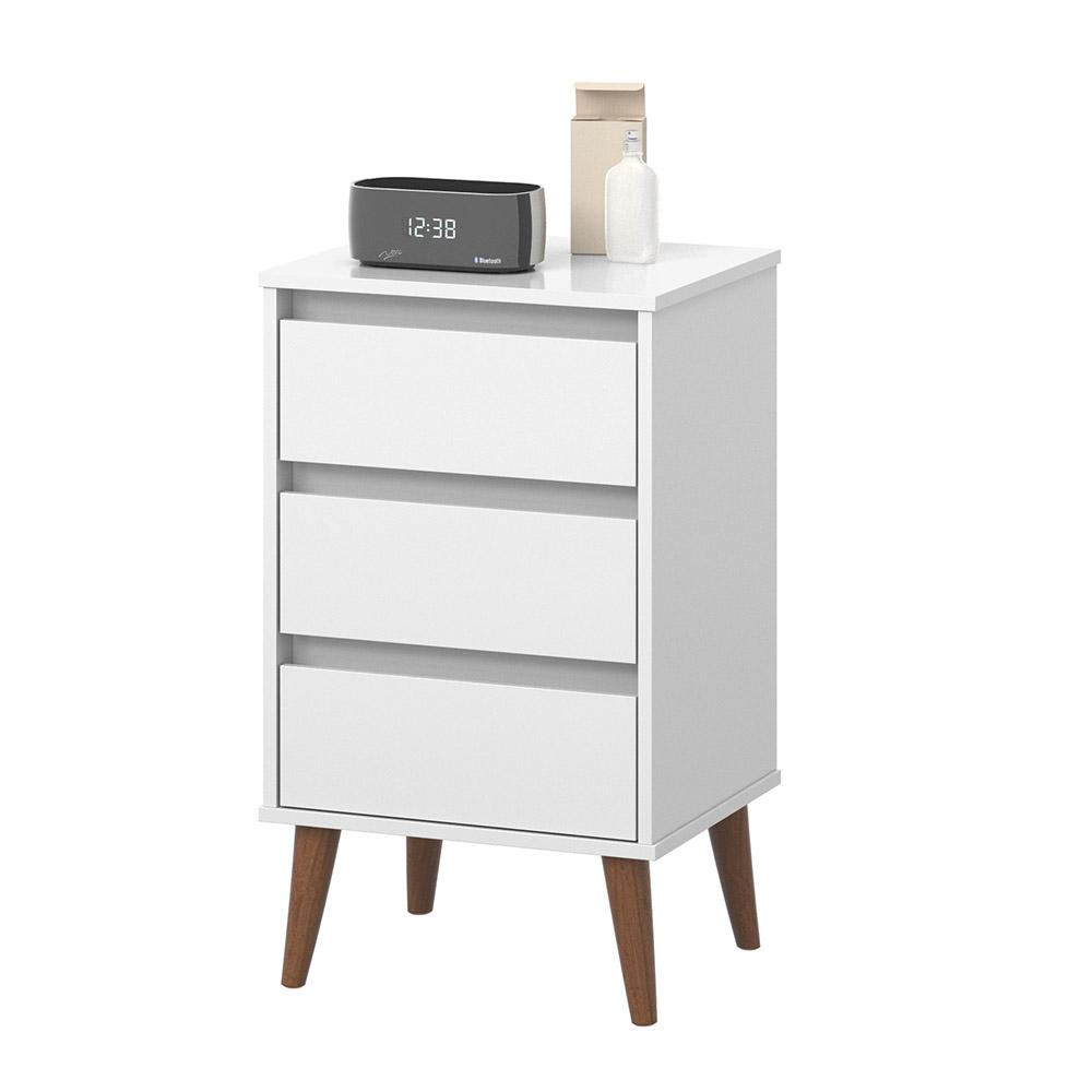 Mesa de Cabeceira Quarto Retro Wood 3 Gavetas Branco
