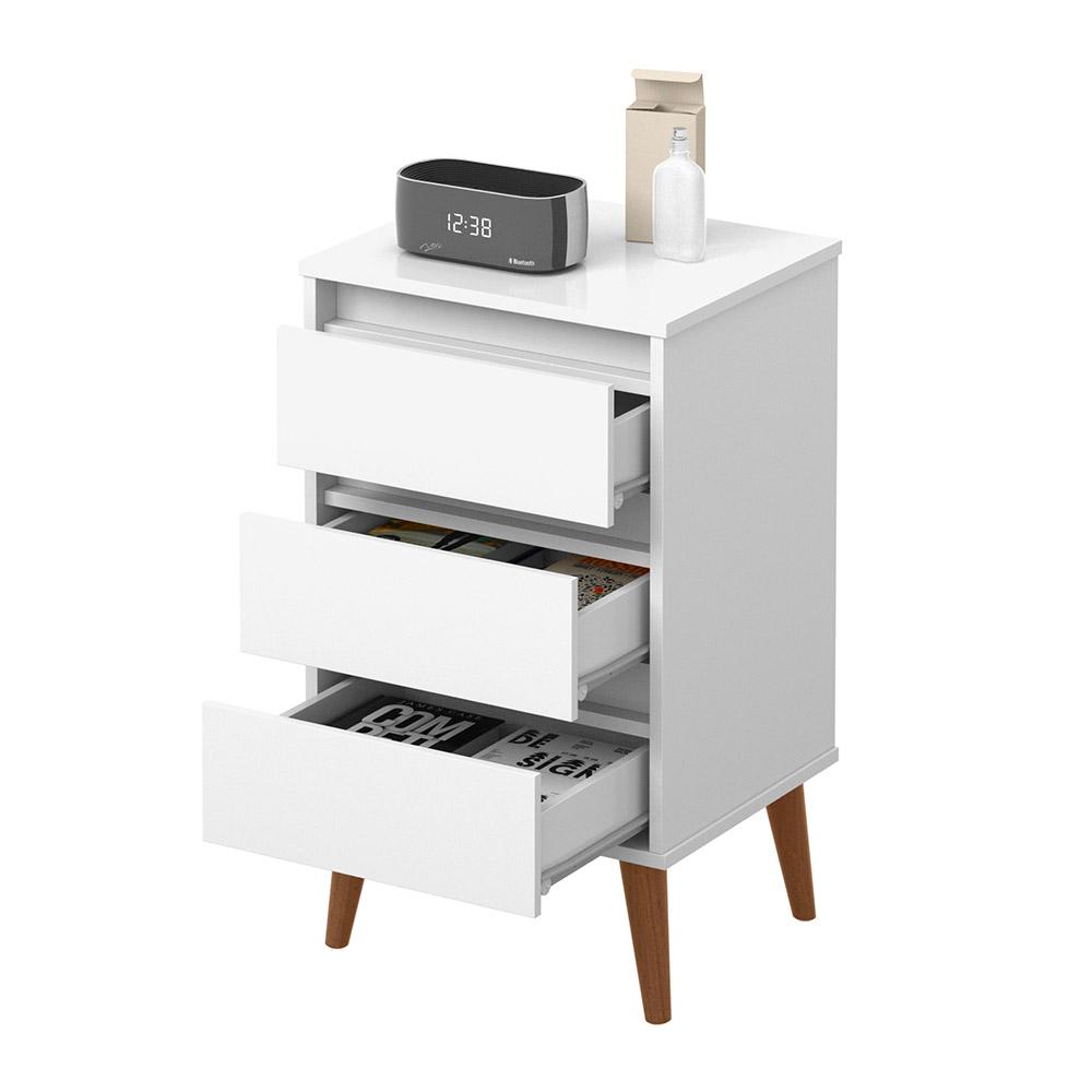 Mesa de Cabeceira Quarto Retro Wood 3 Gavetas Branco