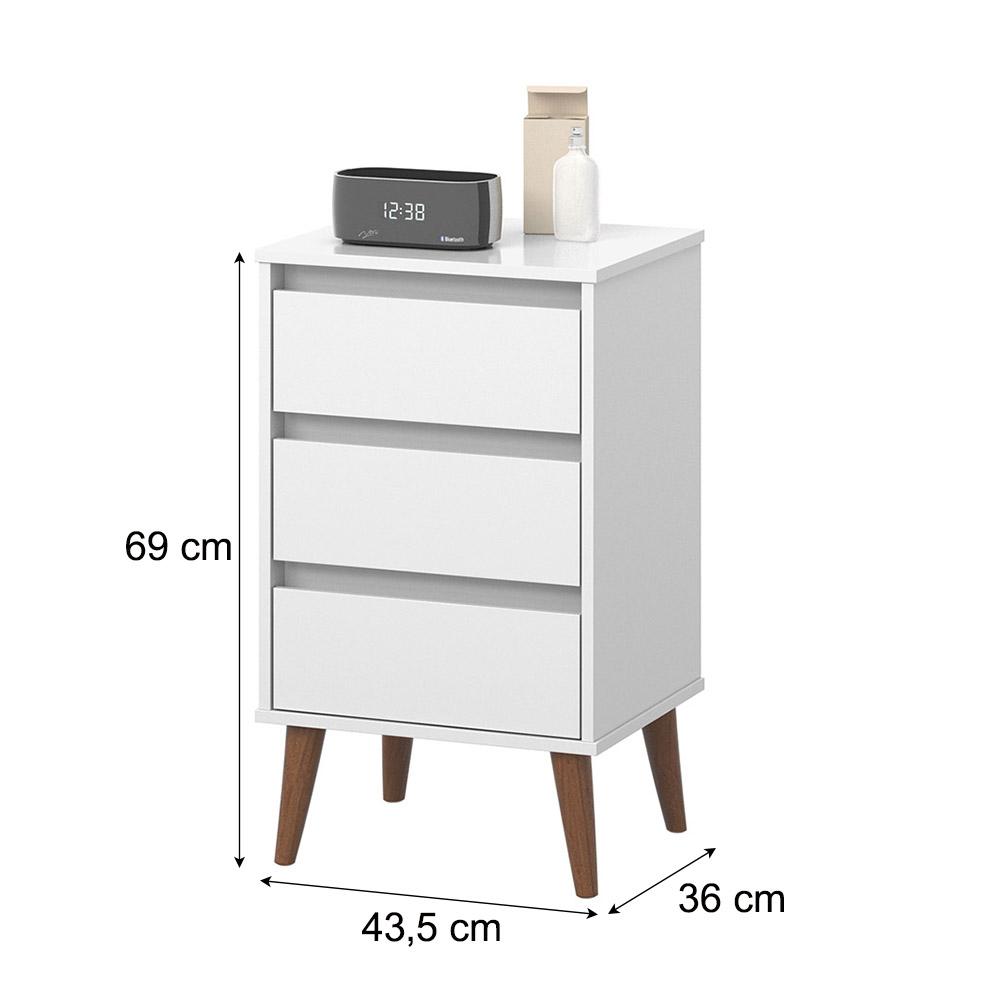 Mesa de Cabeceira Quarto Retro Wood 3 Gavetas Branco