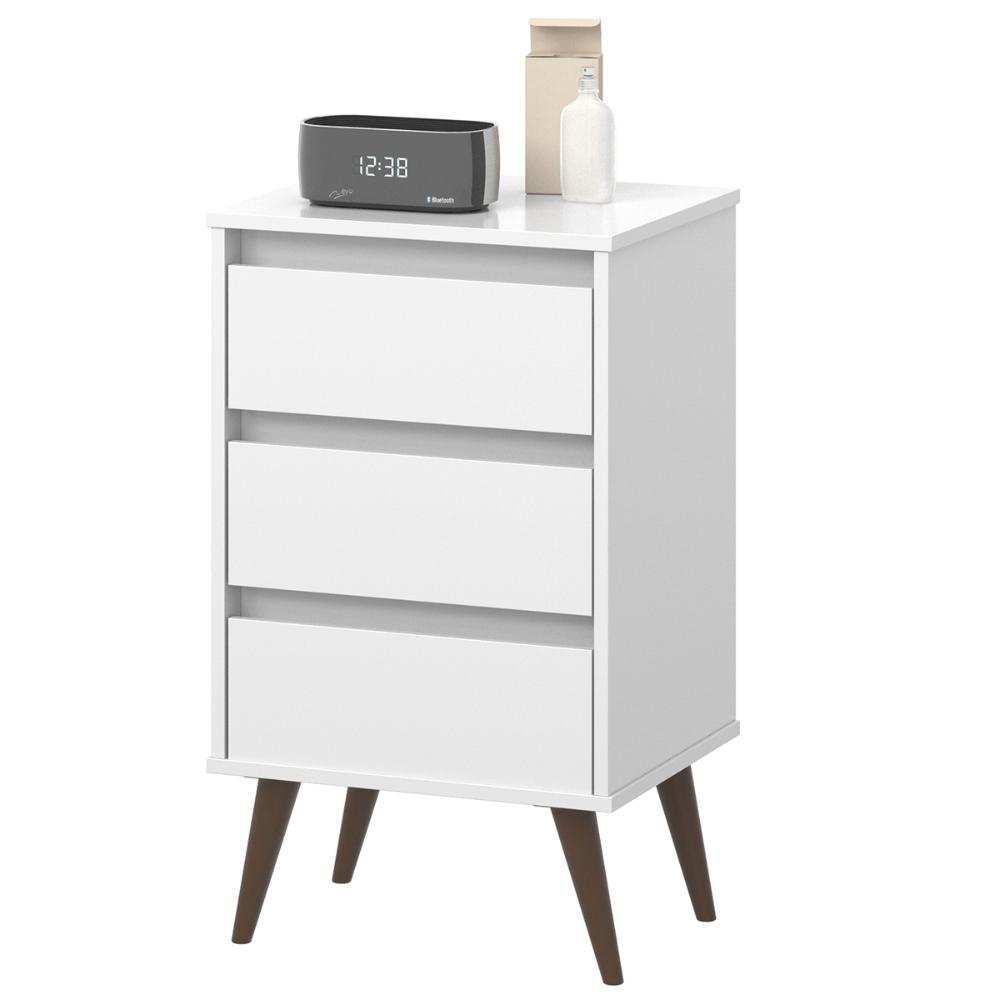 Mesa de Cabeceira Retrô Wood 3 Gavetas Organizadoras Pés Palito Anti-Umidade Mesinha Decorativa Quarto Lateral Cama - Branco - RPM Móveis