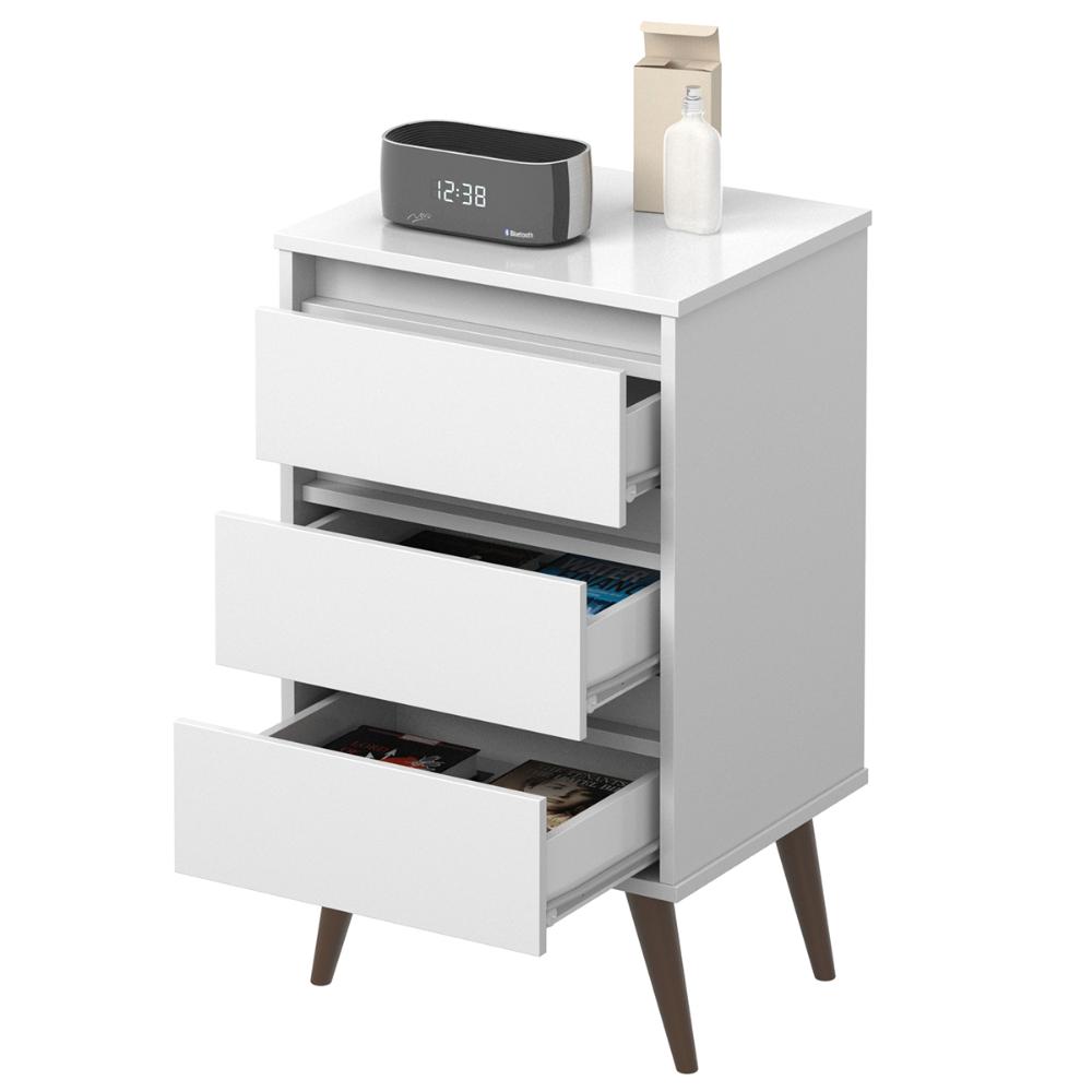 Mesa de Cabeceira Retrô Wood 3 Gavetas Organizadoras Pés Palito Anti-Umidade Mesinha Decorativa Quarto Lateral Cama - Branco - RPM Móveis