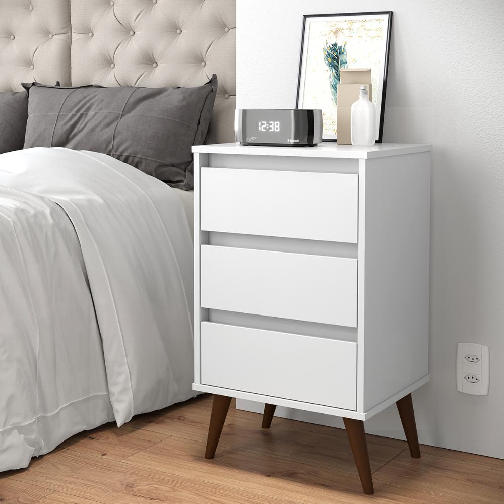Mesa de Cabeceira Retrô Wood 3 Gavetas Organizadoras Pés Palito Anti-Umidade Mesinha Decorativa Quarto Lateral Cama - Branco - RPM Móveis