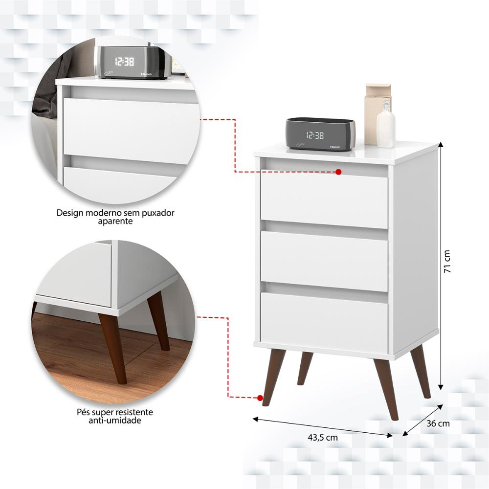 Mesa de Cabeceira Retrô Wood 3 Gavetas Organizadoras Pés Palito Anti-Umidade Mesinha Decorativa Quarto Lateral Cama - Branco - RPM Móveis