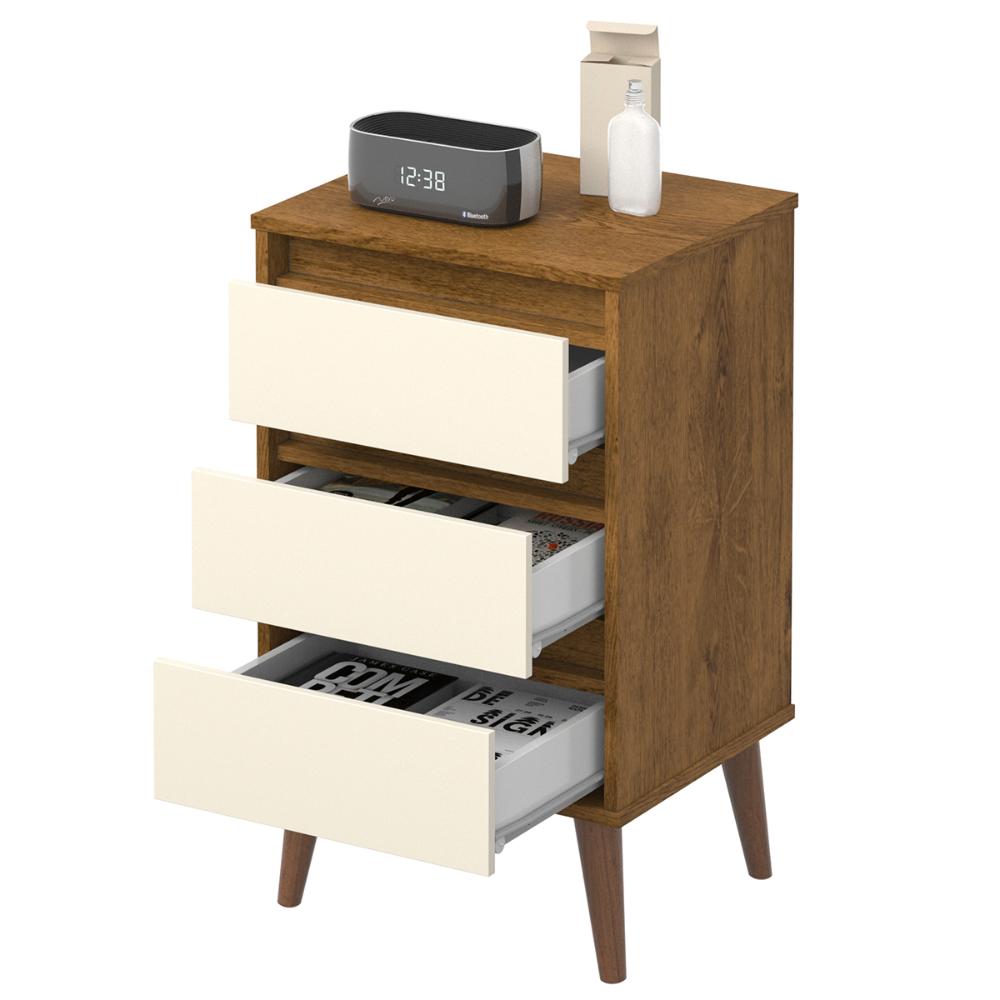 Mesa de Cabeceira Retrô Wood 3 Gavetas Organizadoras Pés Palito Anti-Umidade Mesinha Decorativa Quarto Lateral Cama - Freijó/Off White - RPM Móveis