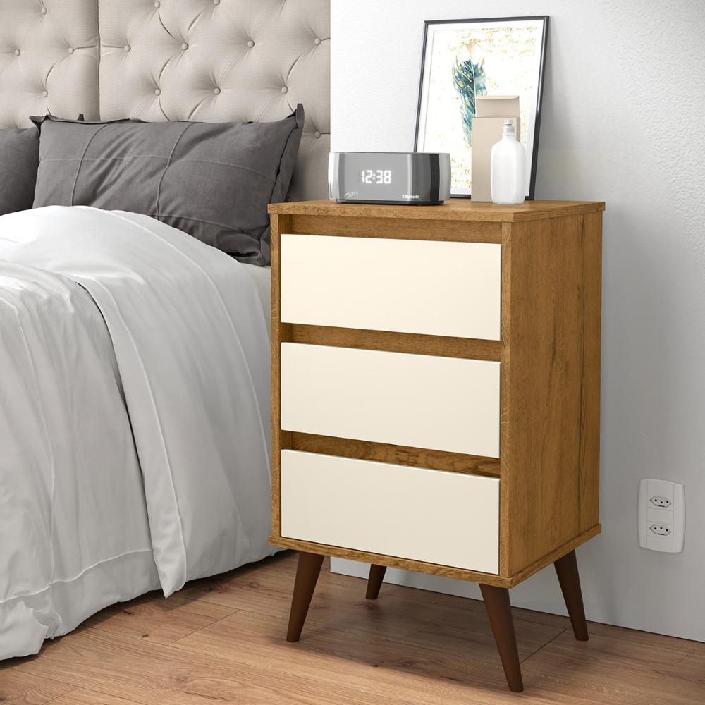 Mesa de Cabeceira Retrô Wood 3 Gavetas Organizadoras Pés Palito Anti-Umidade Mesinha Decorativa Quarto Lateral Cama - Freijó/Off White - RPM Móveis